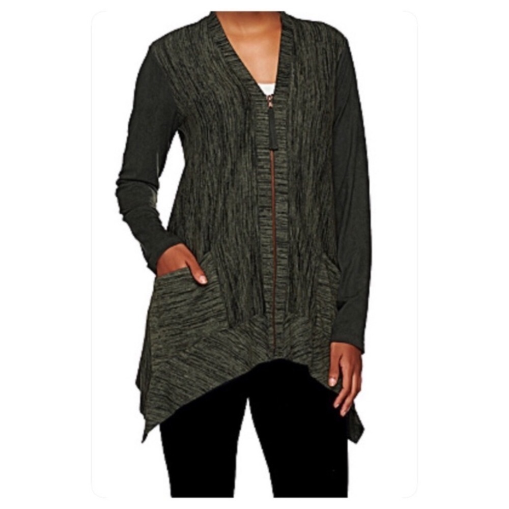 Logo Lori Goldstein Size Small Knit Cardigan Zipper Gray Pockets Cozy Fall